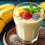 **Almond smoothie with fresh fruits:** A vibrant, close-up shot of an almond milk smoothie blended with seasonal tropical fruits like mango, pineapple, and banana, garnished with chia seeds and mint. The background should suggest a bright, busy Vietnamese breakfast scene.