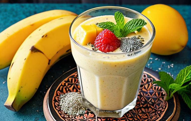 **Almond smoothie with fresh fruits:** A vibrant, close-up shot of an almond milk smoothie blended with seasonal tropical fruits like mango, pineapple, and banana, garnished with chia seeds and mint. The background should suggest a bright, busy Vietnamese breakfast scene.