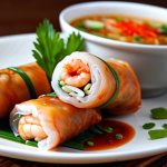 **Gỏi Cuốn Salad Variation:** A vibrant photo-realistic close-up of Vietnamese spring rolls (gỏi cuốn) filled with fresh herbs, shrimp, pork, and rice vermicelli, topped with crispy, golden-brown cashew nuts seasoned with garlic and chili. Focus on the textures and colors of the ingredients, with a dipping sauce in the background.