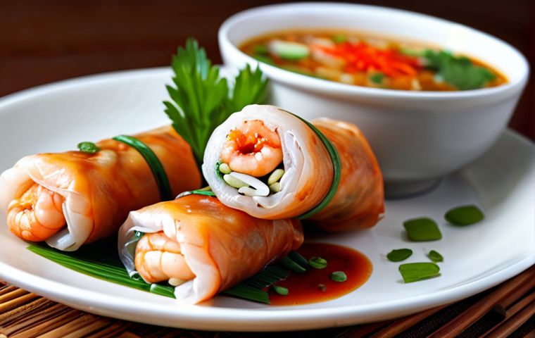 **Gỏi Cuốn Salad Variation:** A vibrant photo-realistic close-up of Vietnamese spring rolls (gỏi cuốn) filled with fresh herbs, shrimp, pork, and rice vermicelli, topped with crispy, golden-brown cashew nuts seasoned with garlic and chili. Focus on the textures and colors of the ingredients, with a dipping sauce in the background.